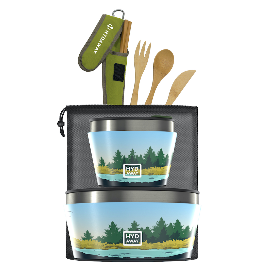 sure to be a hit with campers everywhere, our kit includes a 1-quart collapsible insulated bowl with lid, 1.5-cup collapsible insulated bowl with lid, cutlery set, and a handy storage bag to keep everything in one place. 